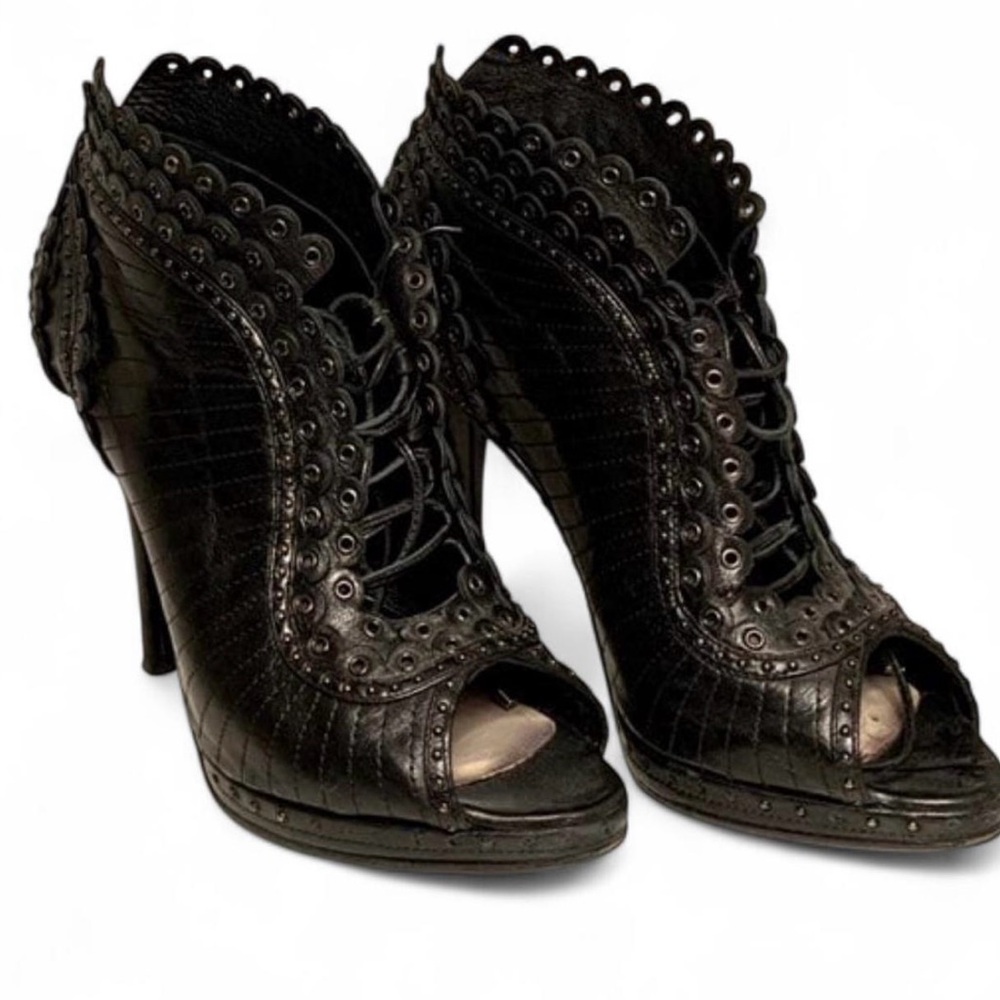 Dior Black Leather EU 38.5 Elegant Black Peep-Toe Heels Lace Up Booties Eyelet